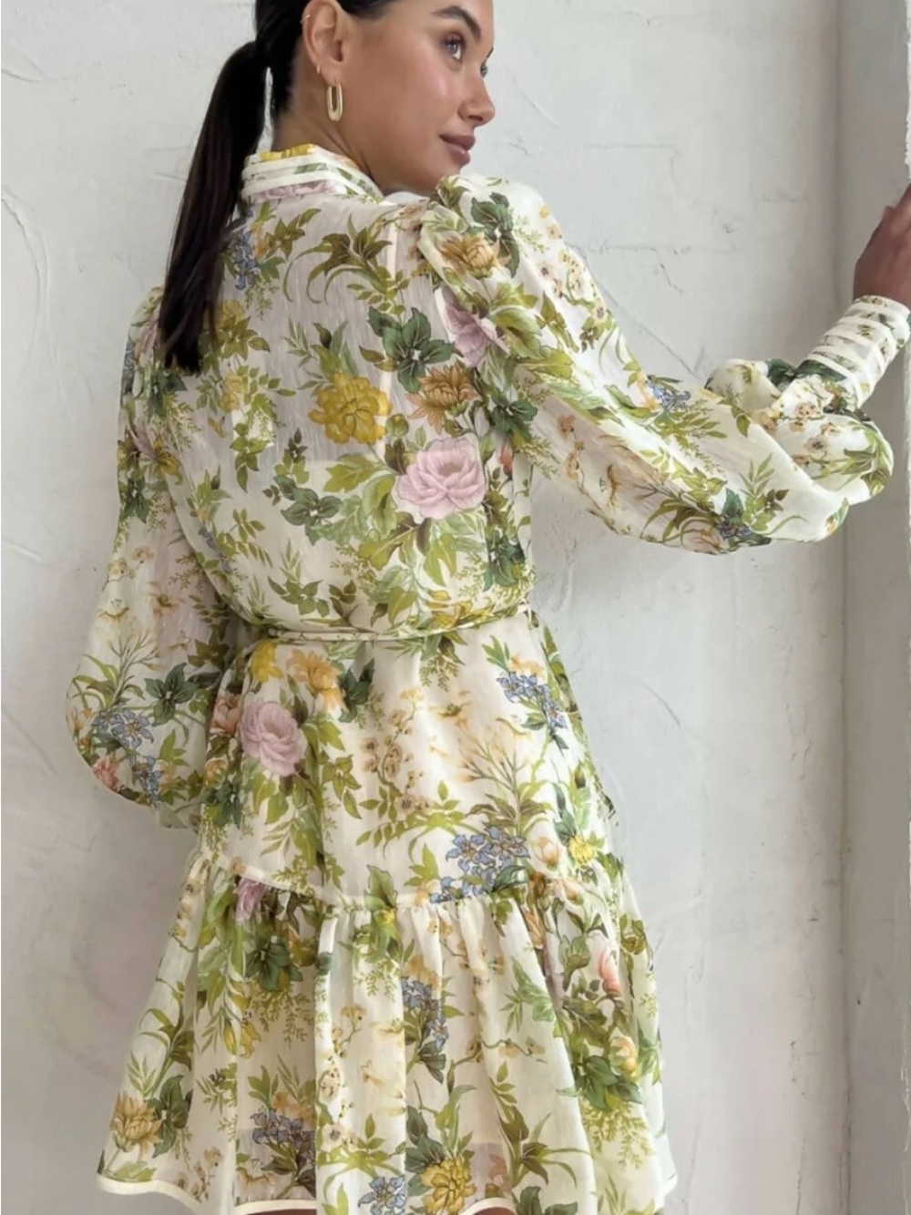 Alemais Cream Floral Long Sleeve Tiered Dress - Picture 2 of 11